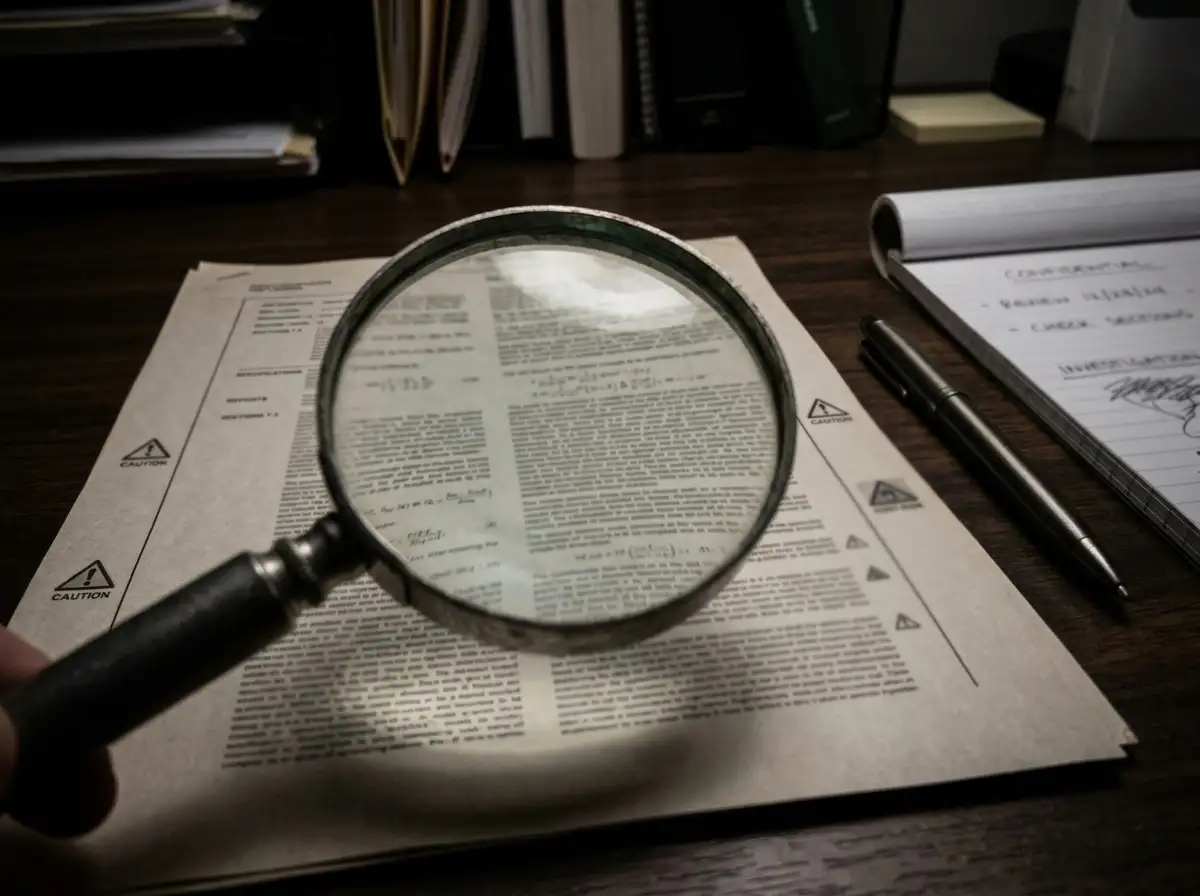 Document with magnifying glass examining fine print with warning symbols