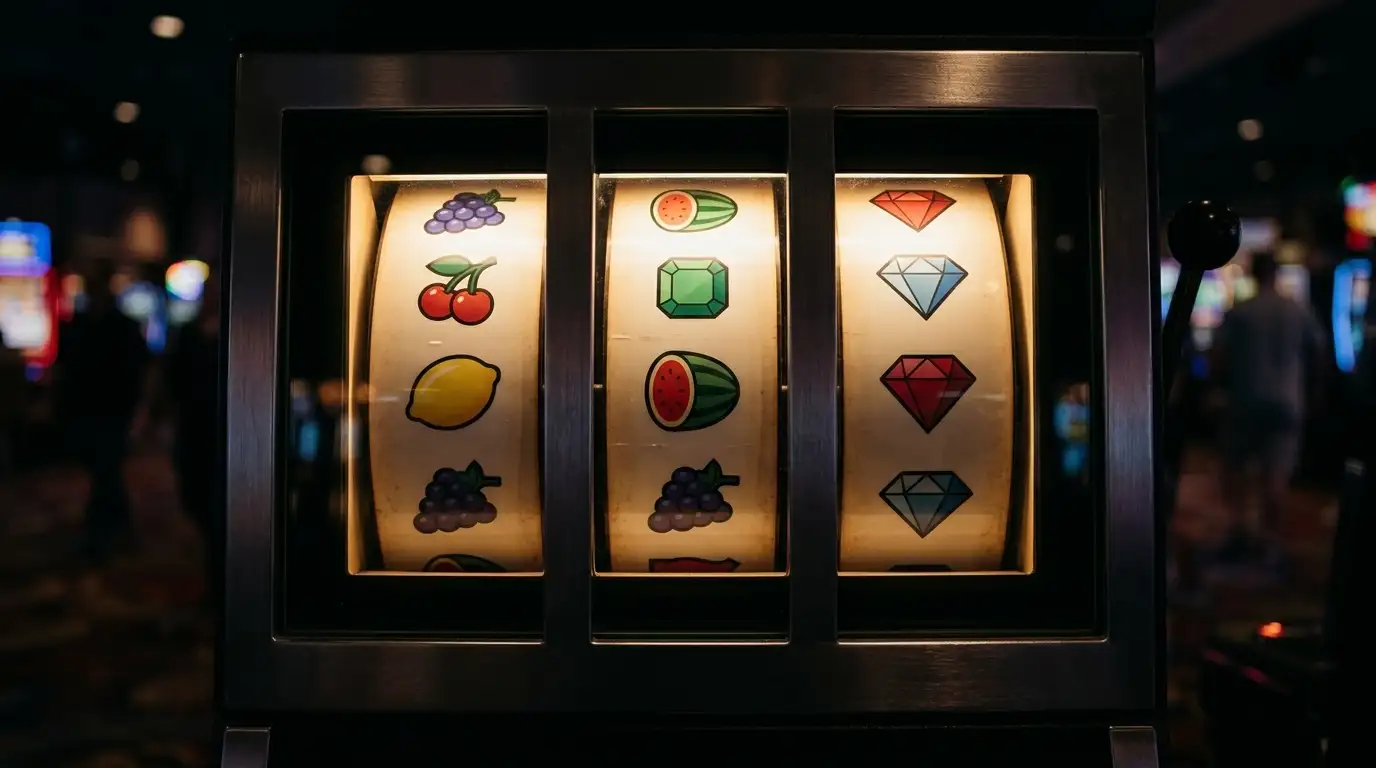 Generic slot machine reels with abstract symbols glowing softly