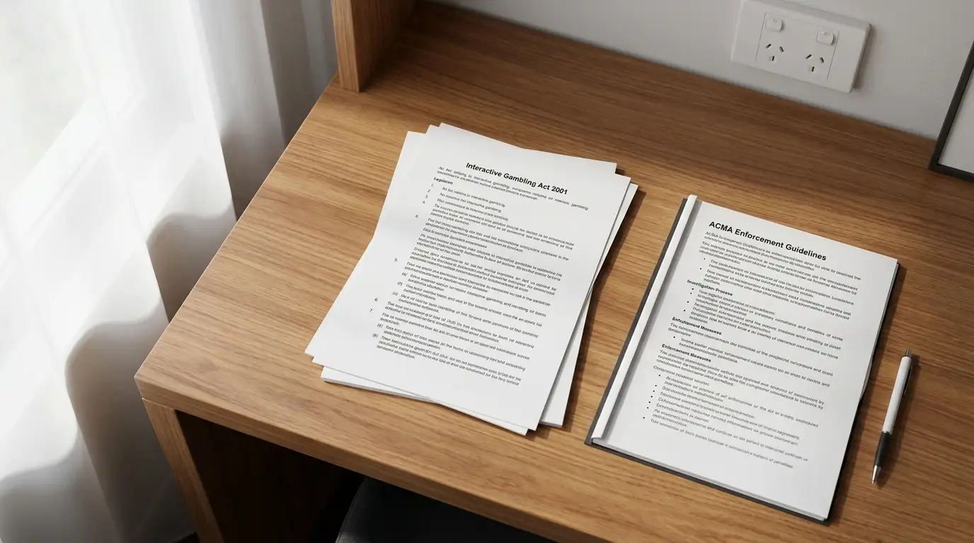 Document showing Interactive Gambling Act 2001 text with ACMA enforcement guidelines on desk