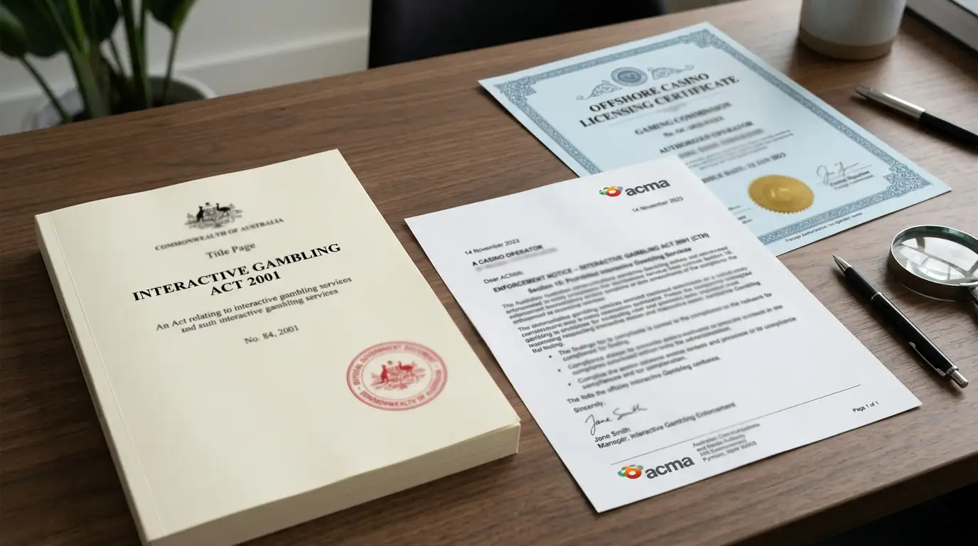 Australian legal document showing Interactive Gambling Act 2001 text with ACMA enforcement notice and offshore casino licensing stamp