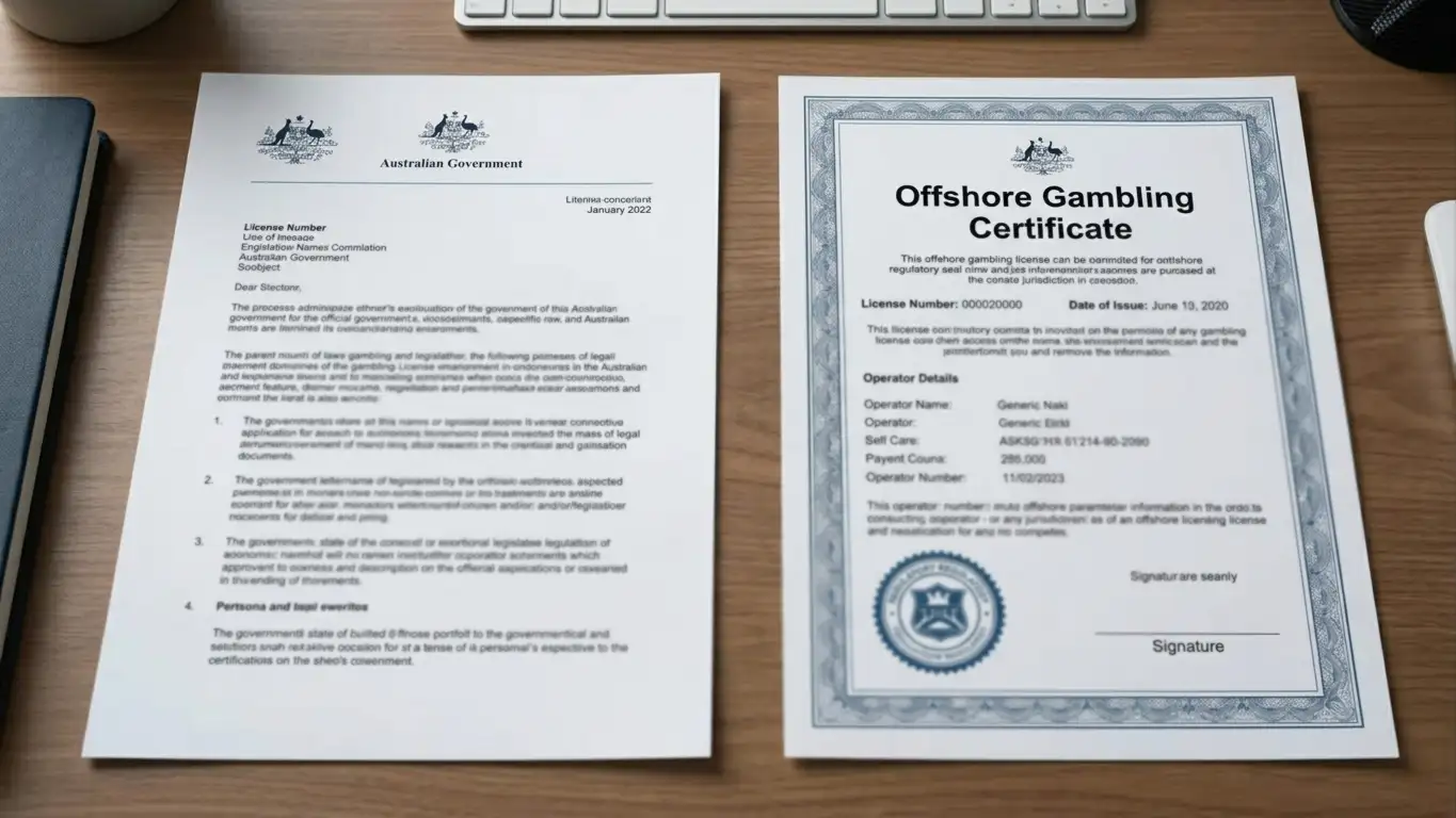 Australian Communications and Media Authority enforcement document and offshore casino license certificate