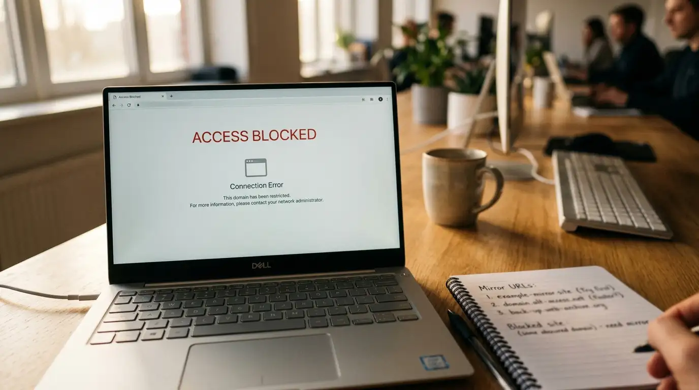 ACMA domain block page on laptop screen with mirror URL notes on paper