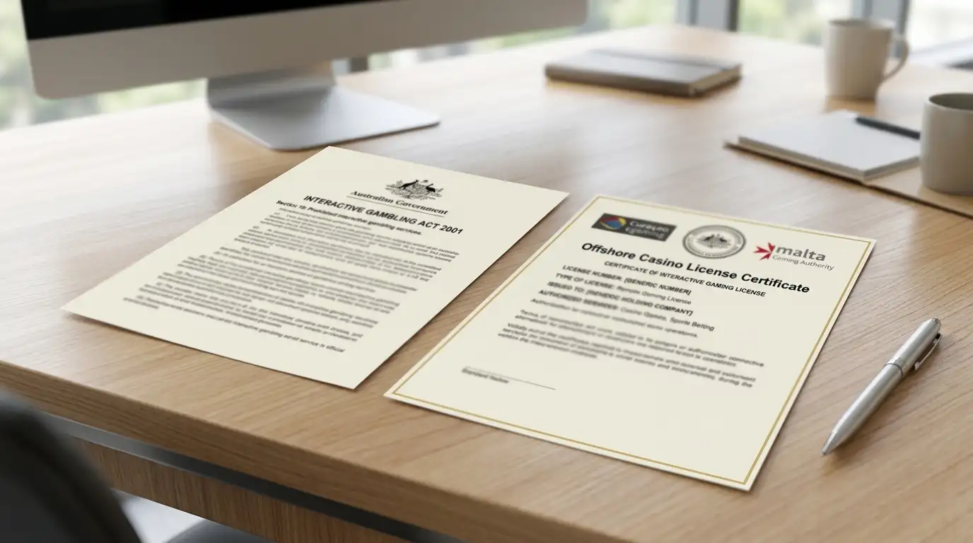 Clean desk with Australian legal document showing Interactive Gambling Act 2001 text and offshore casino license certificate side by side