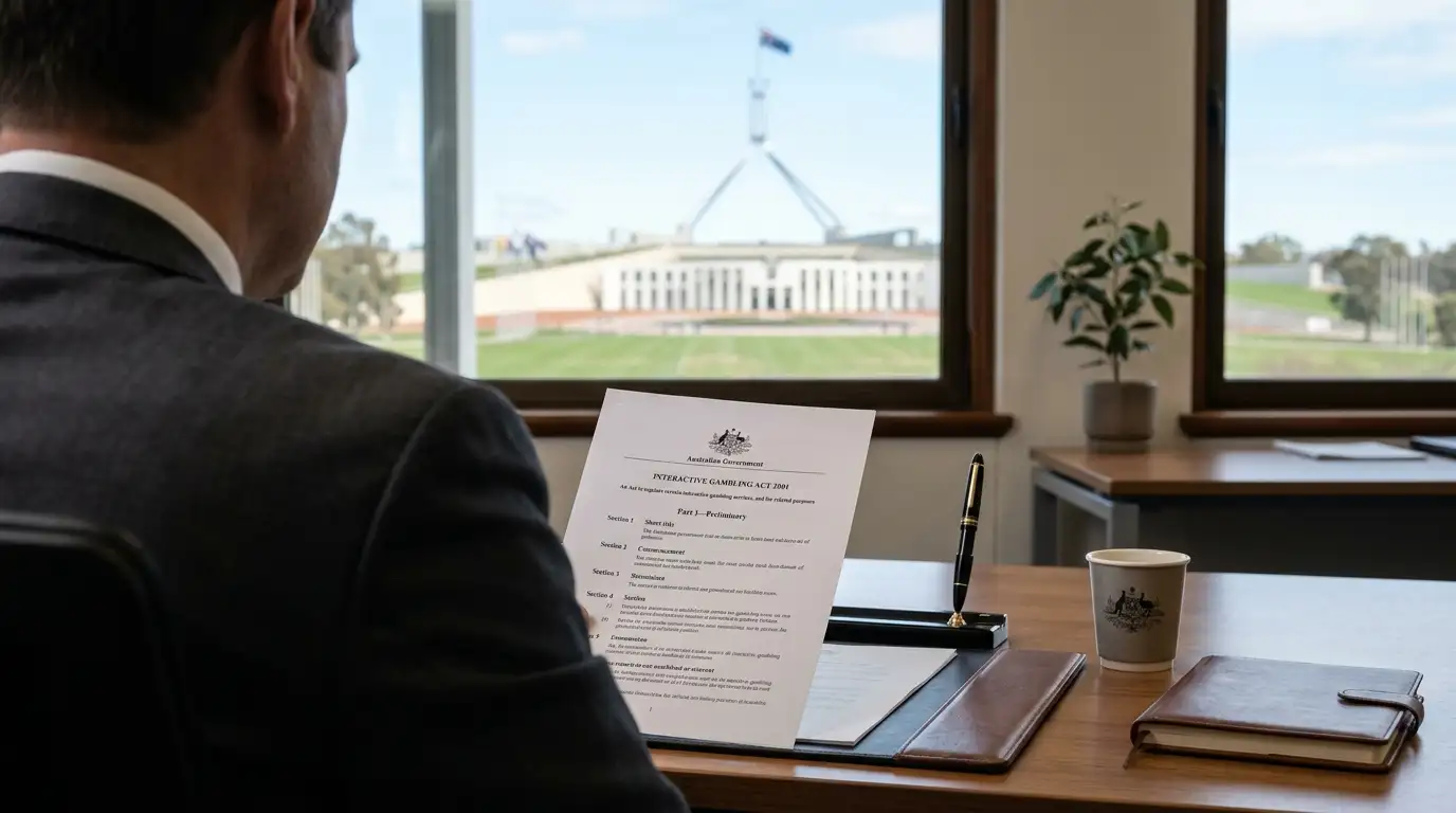 Australian parliament building with legal document showing Interactive Gambling Act text