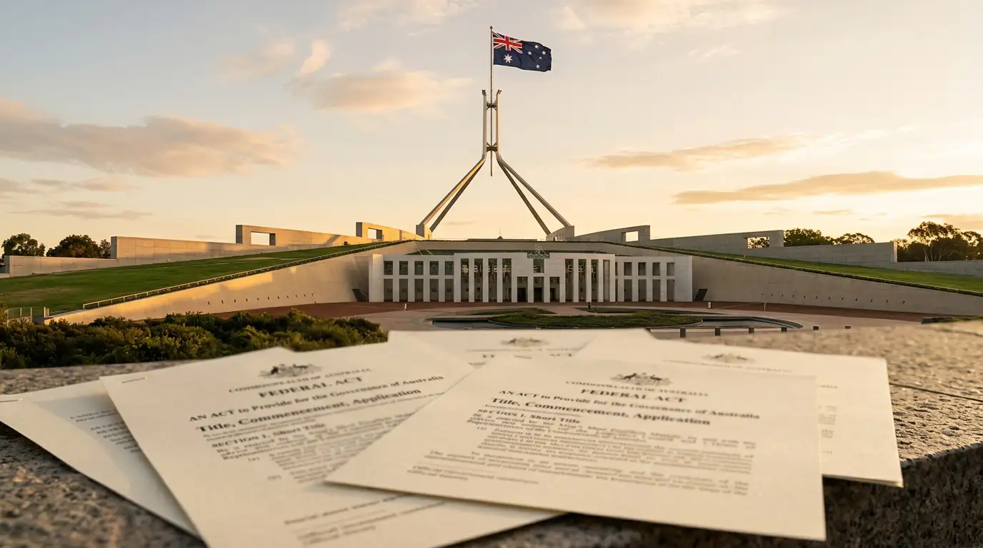 Parliament House Canberra with Australian flag and regulatory document overlay