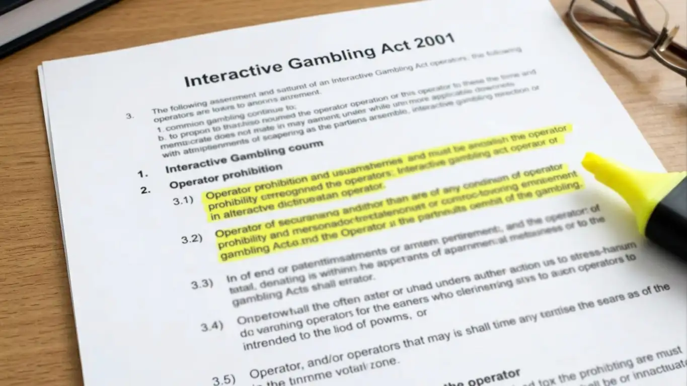Document excerpt showing Interactive Gambling Act 2001 text with operator-targeting provisions highlighted