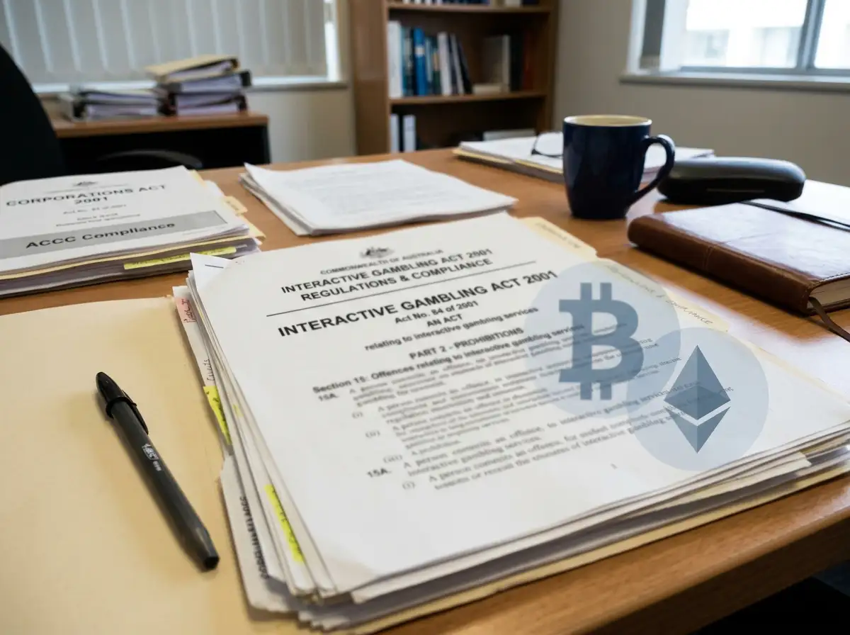 Australian regulatory documents and digital cryptocurrency symbols on desk