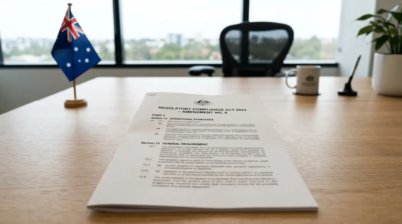 Clean desk with official government document showing regulatory text and Australian flag visible in corner