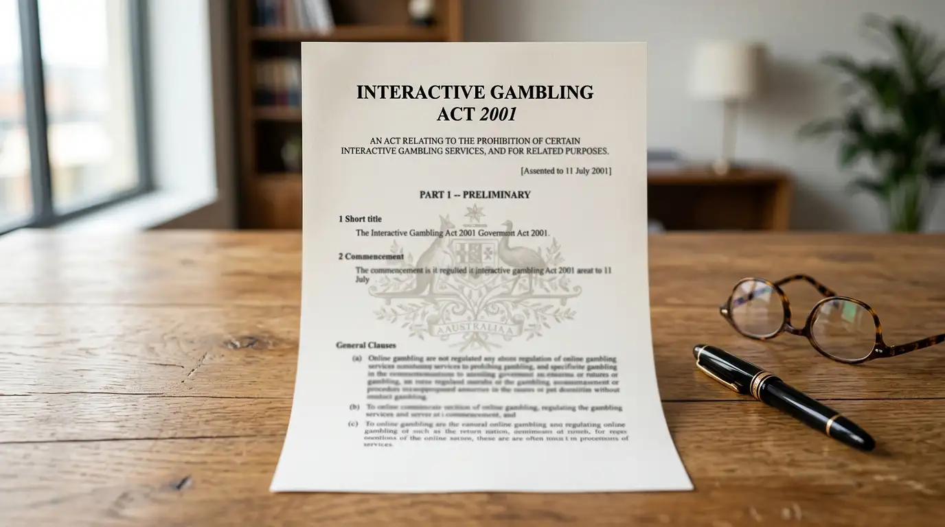 Interactive Gambling Act 2001 legal document on desk with Australian government crest