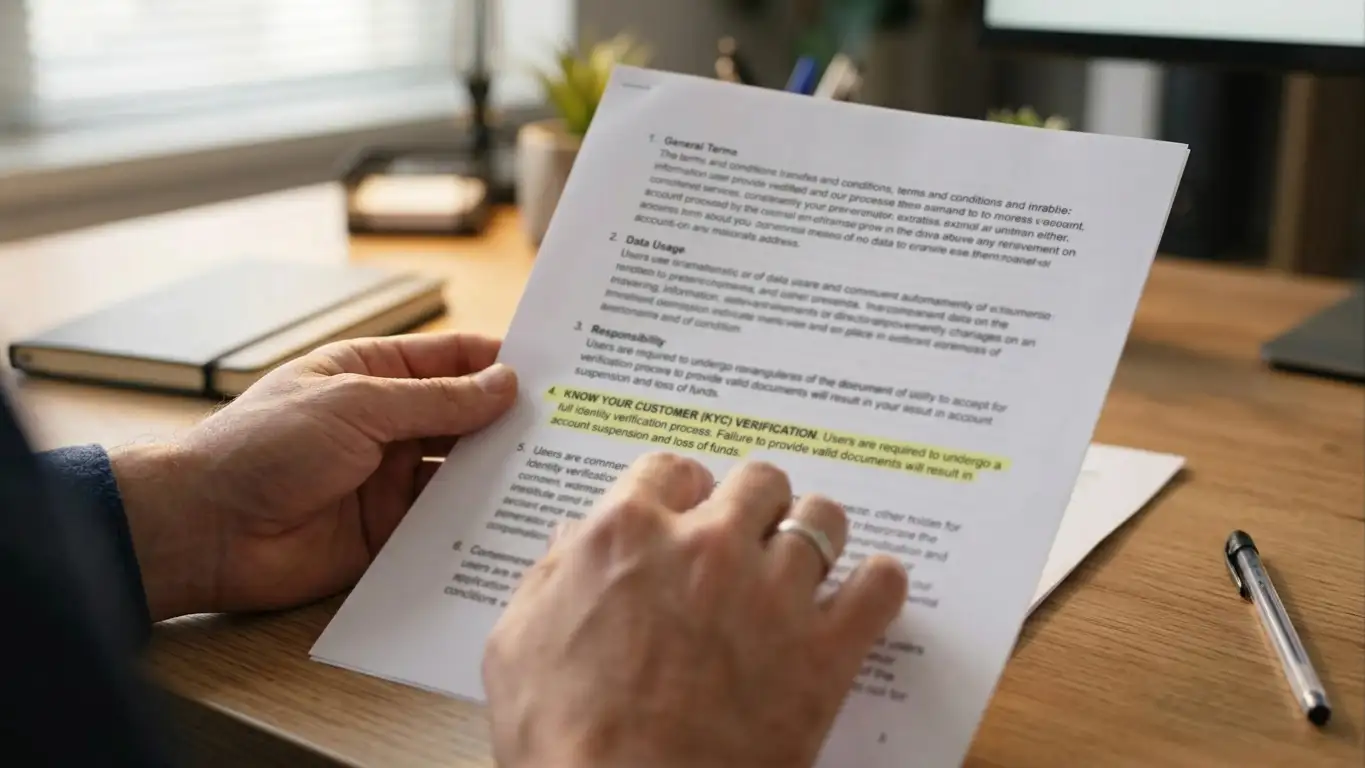 Person reviewing casino terms and conditions document showing KYC verification clause