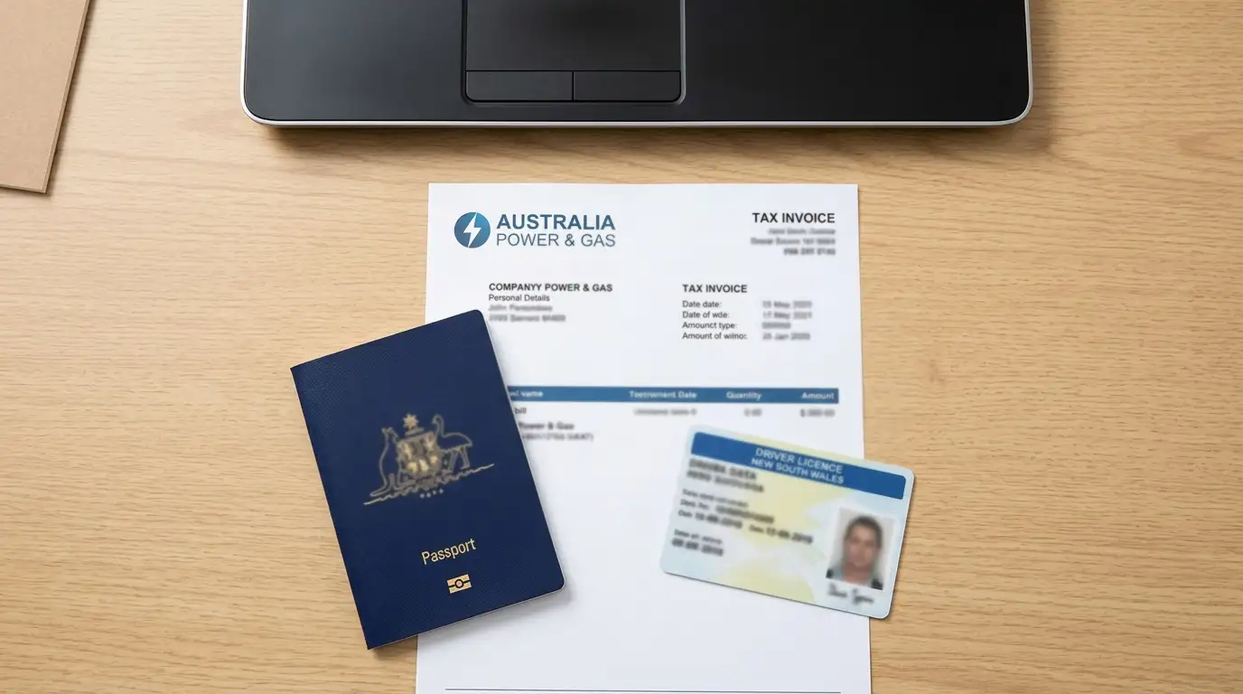 KYC verification documents on desk with passport and utility bill