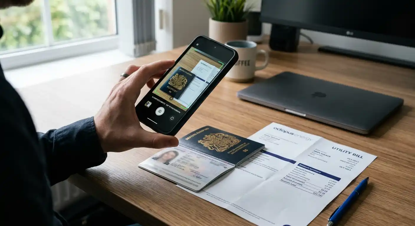 Document scan showing passport and proof of address uploaded for KYC verification