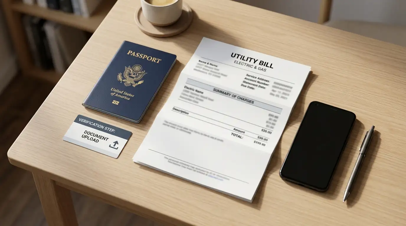 Clean desk with passport, utility bill, and smartphone arranged for verification upload