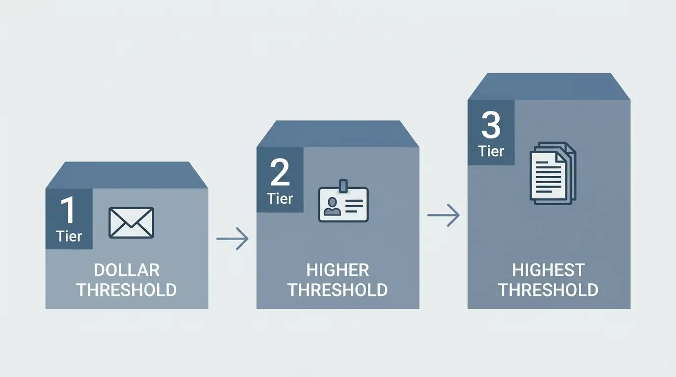 Document verification levels showing tiered KYC thresholds at offshore casinos
