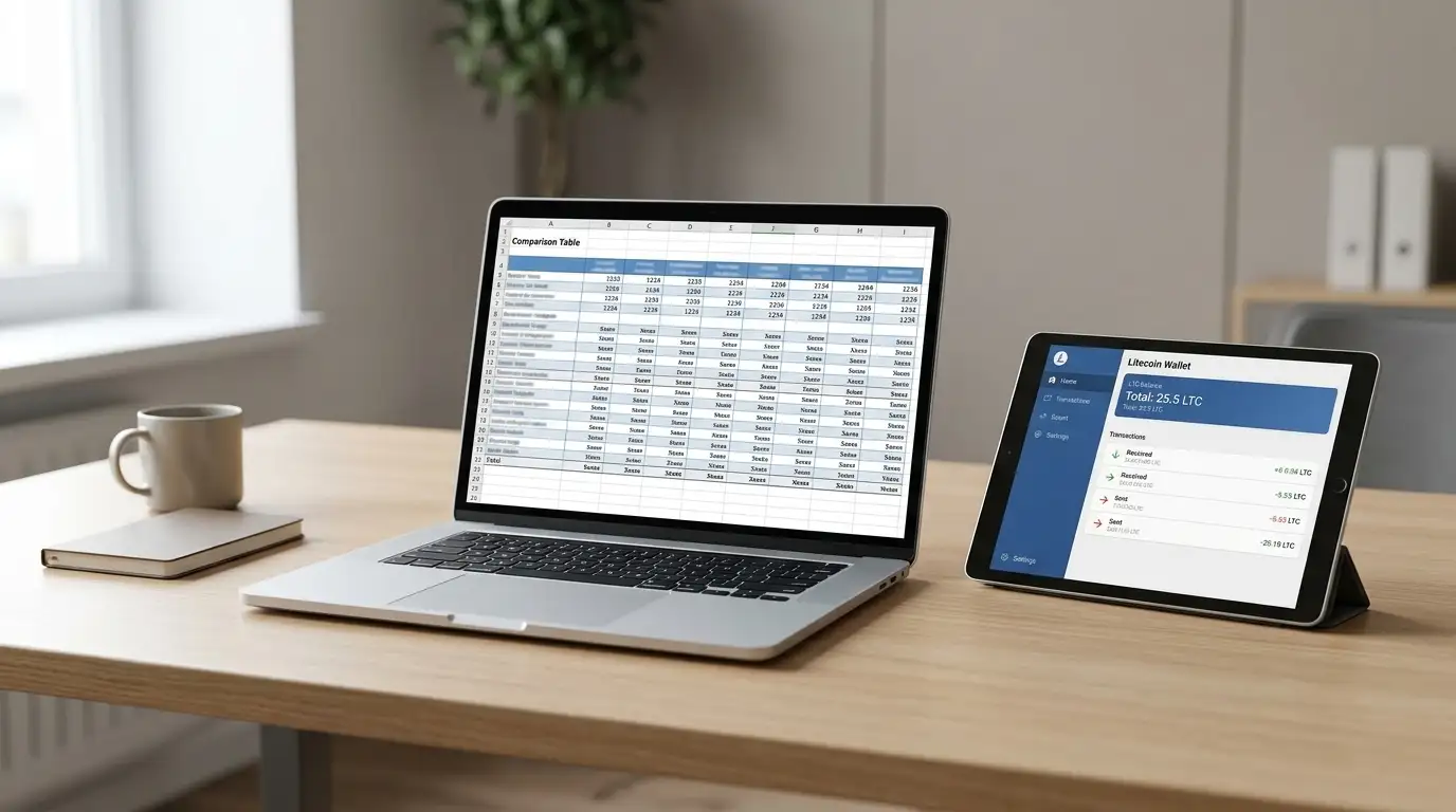 Comparison table showing offshore casino rankings on laptop screen with Litecoin wallet open