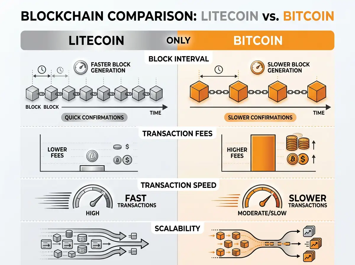 Litecoin and Bitcoin blockchain comparison chart showing block times and transaction fees
