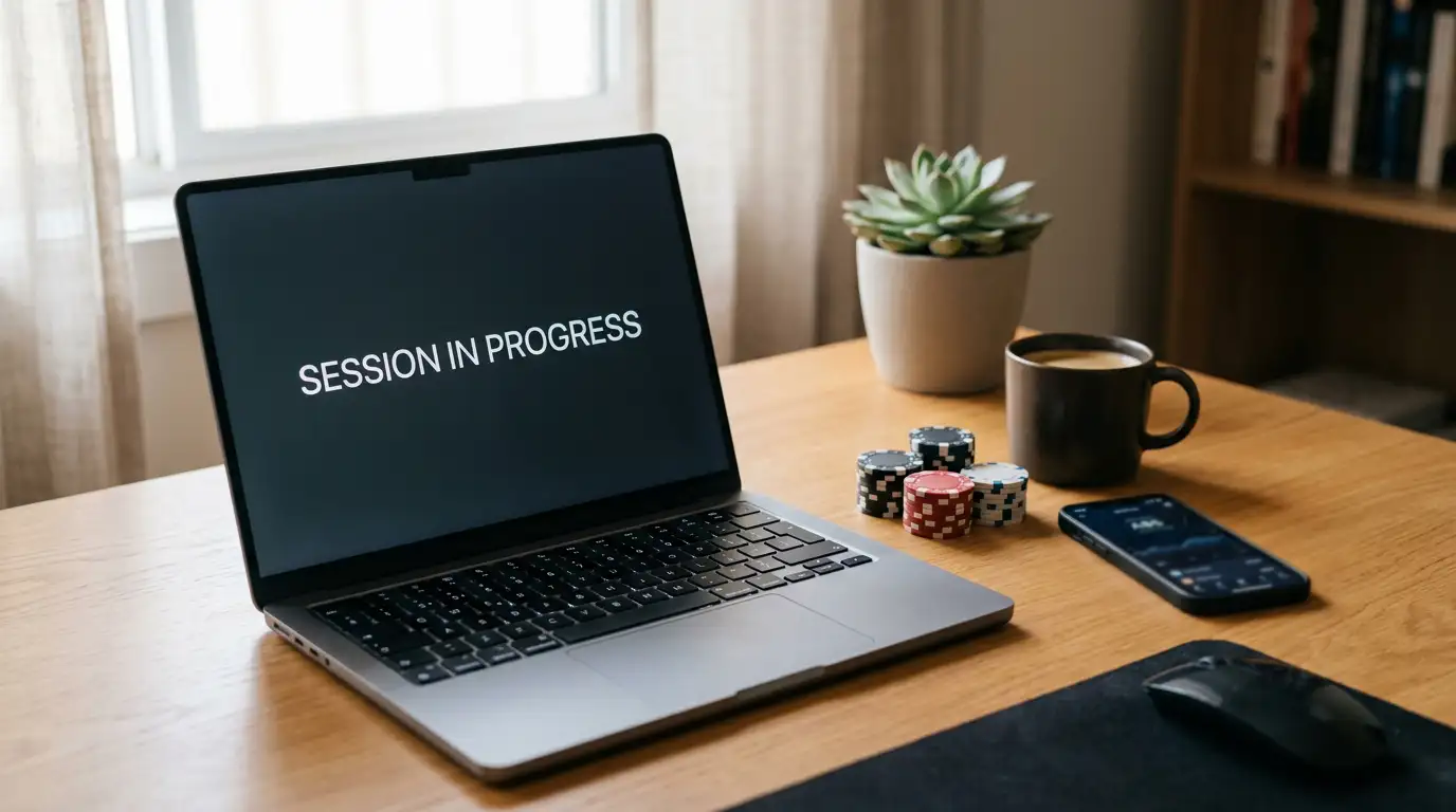 Low deposit online casino in Australia with a small stack of tokens and a laptop