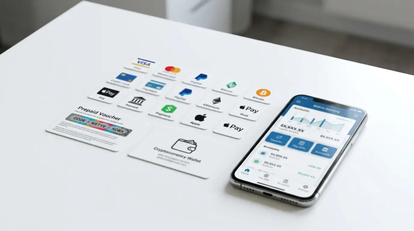 Close-up of payment method icons arranged on a clean surface: a mobile banking app, prepaid voucher, and cryptocurrency wallet