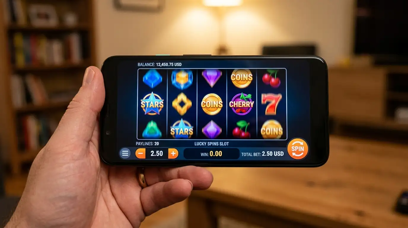 Pokie reels spinning on mobile device showing bet size and balance counter