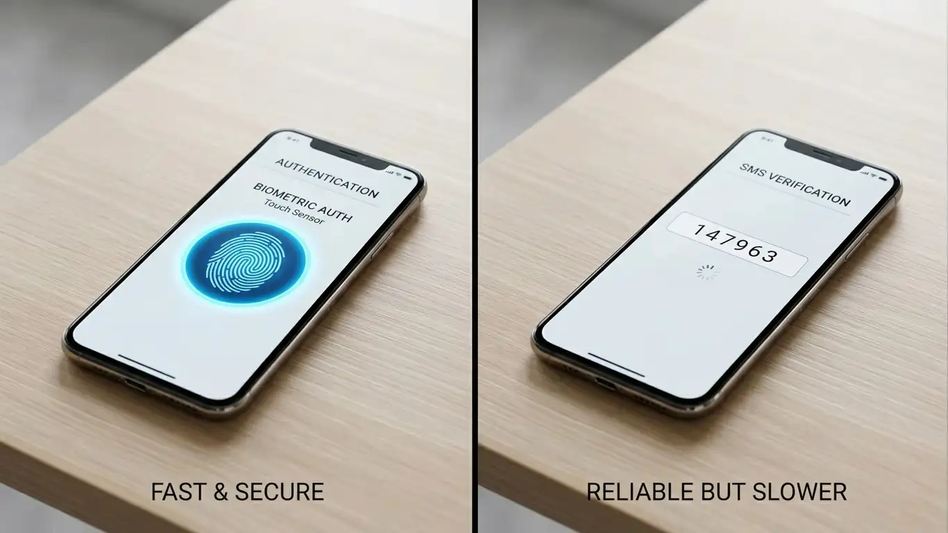 3D Secure authentication flow showing biometric and SMS verification options