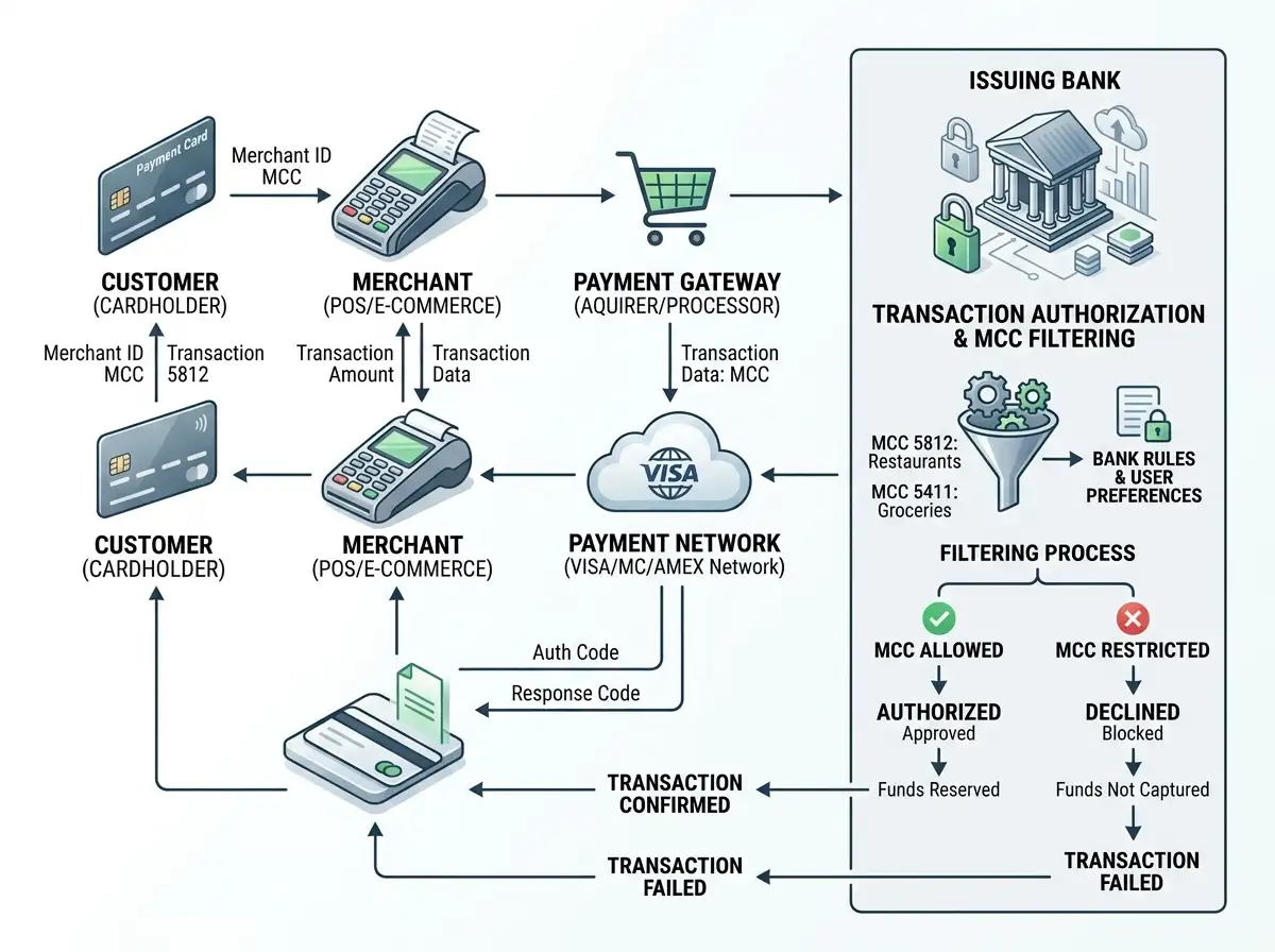 Banking system diagram showing MCC code blocks filtering transactions