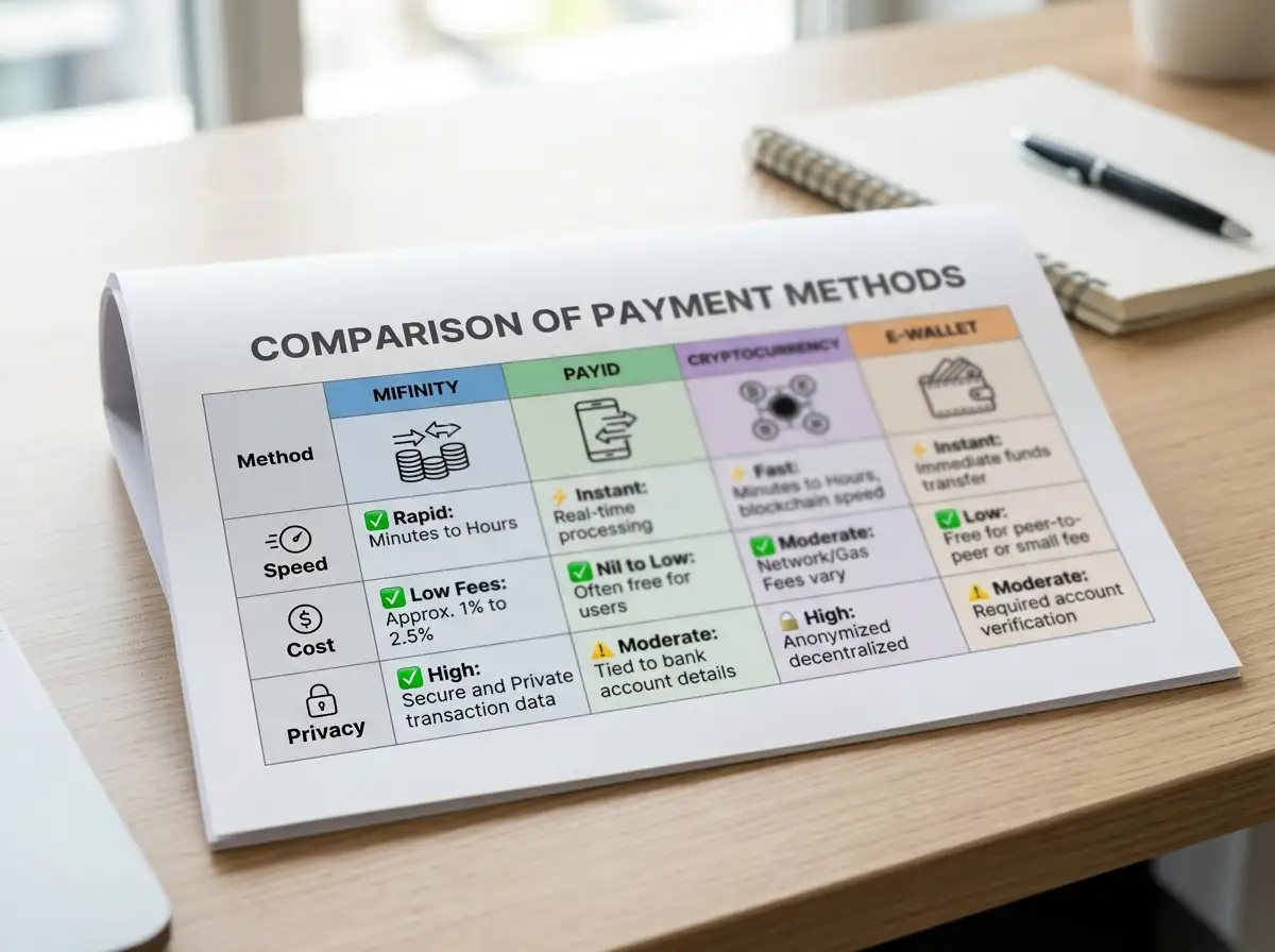 Payment method comparison showing MiFinity, PayID, crypto, and e-wallets side by side