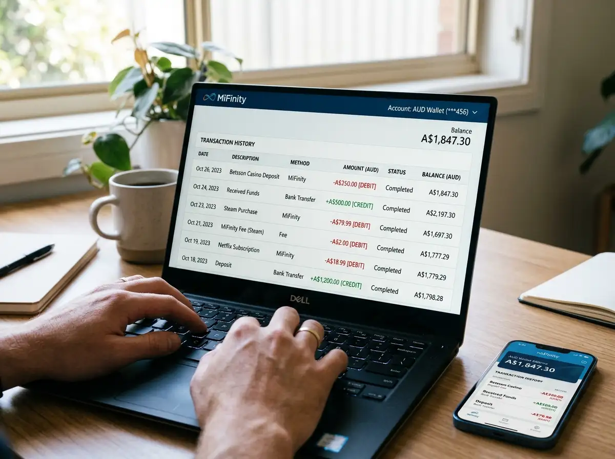 MiFinity transaction history showing deposits and withdrawals tracked in account dashboard