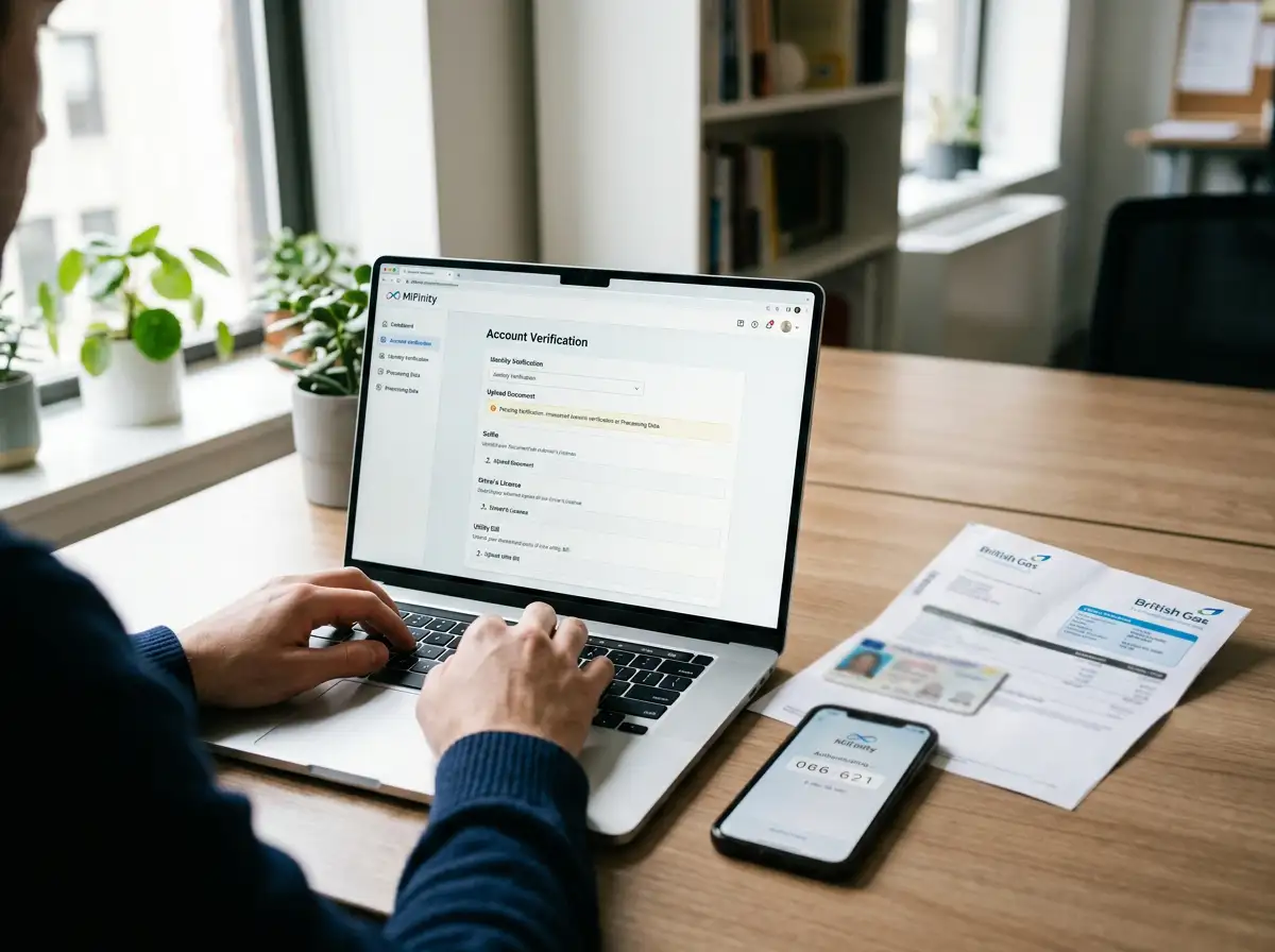 Person setting up MiFinity e-wallet account on laptop with verification documents nearby