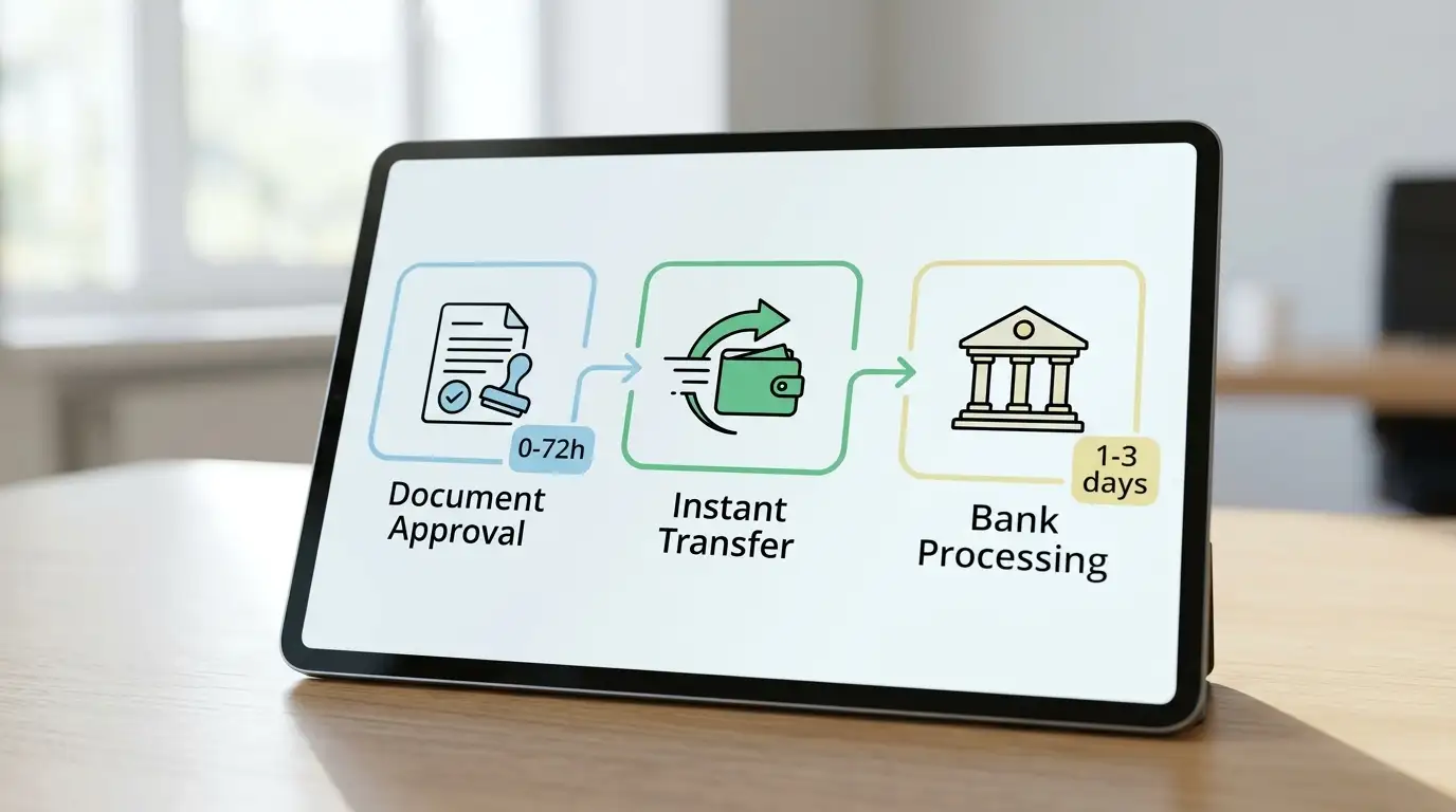 Three-step withdrawal timeline diagram showing casino approval, wallet transfer, and bank arrival stages