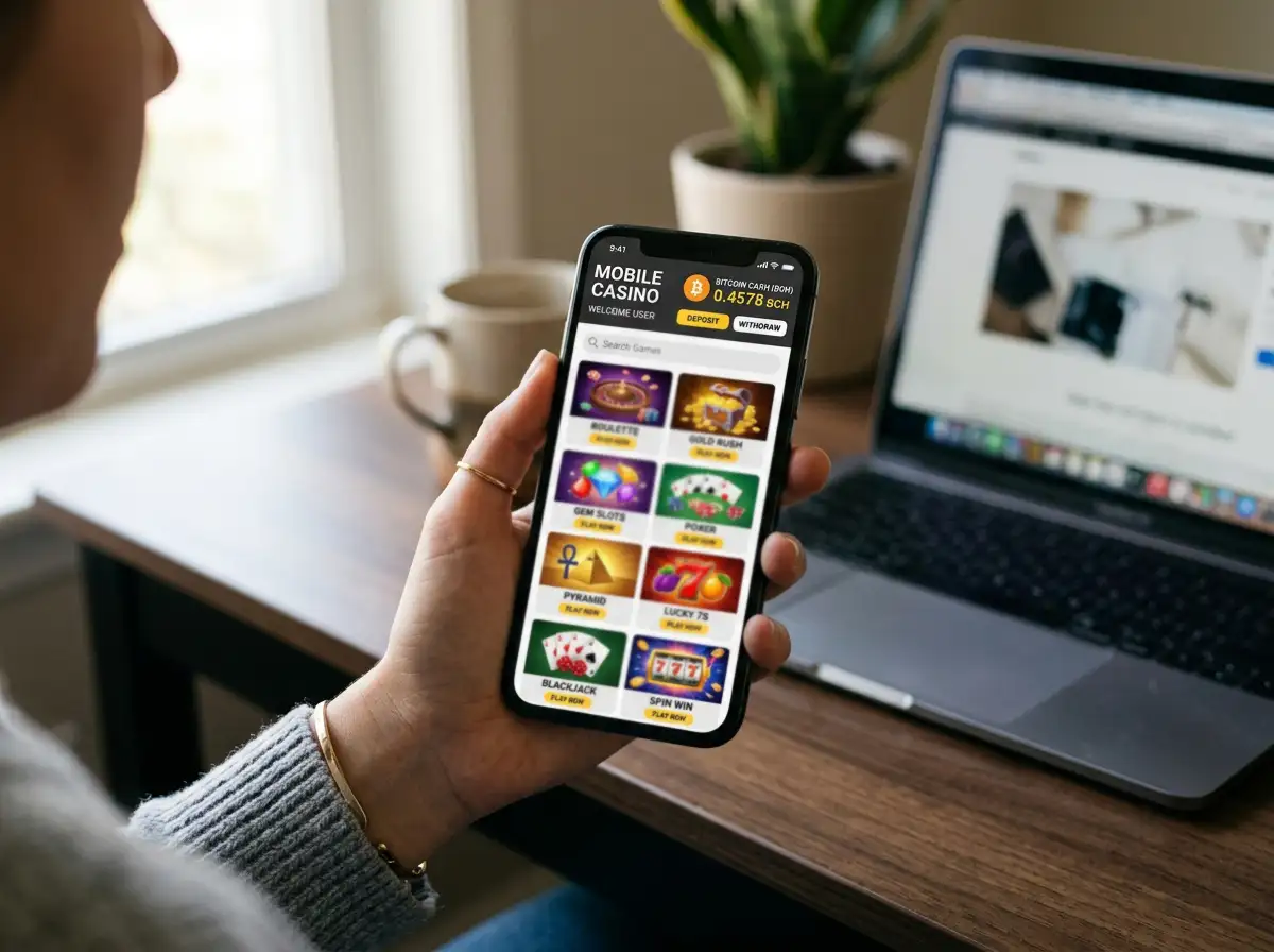 Smartphone displaying mobile casino interface with Bitcoin Cash balance and games library