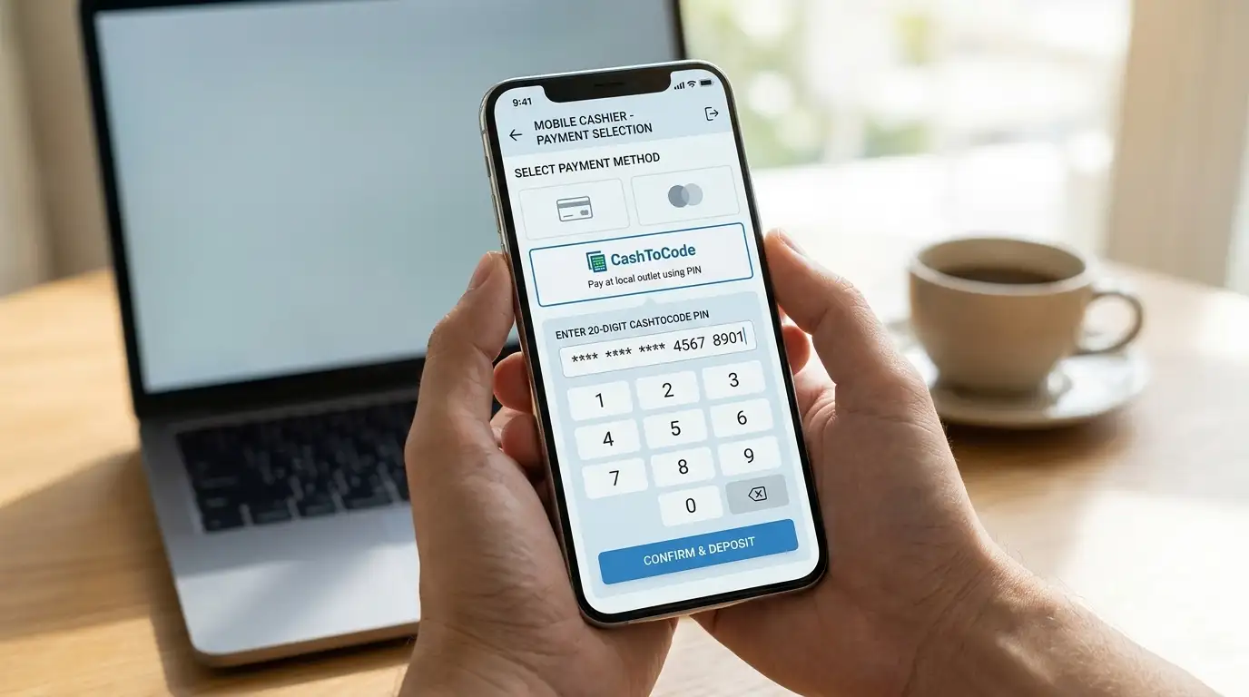 Mobile phone screen showing CashToCode PIN entry in casino cashier app