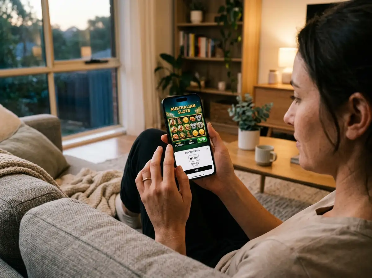 Person using iPhone to play online pokies with Apple Pay deposit button visible