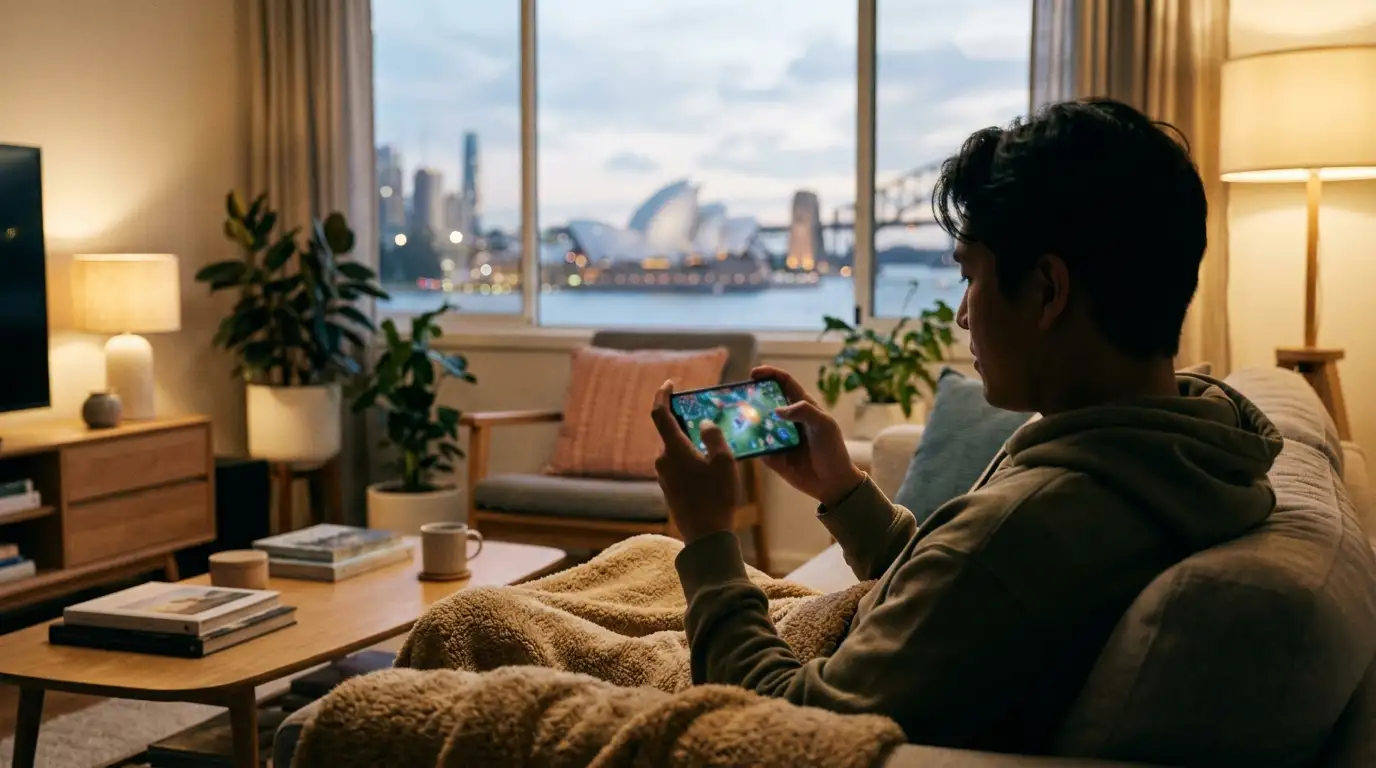 Person using smartphone in landscape mode for mobile gaming in cozy living room with city view