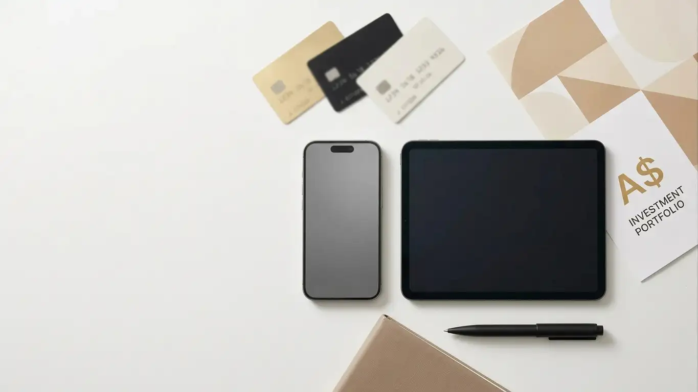 Overhead view of smartphone and payment cards on white desk with Australian dollar symbol on document