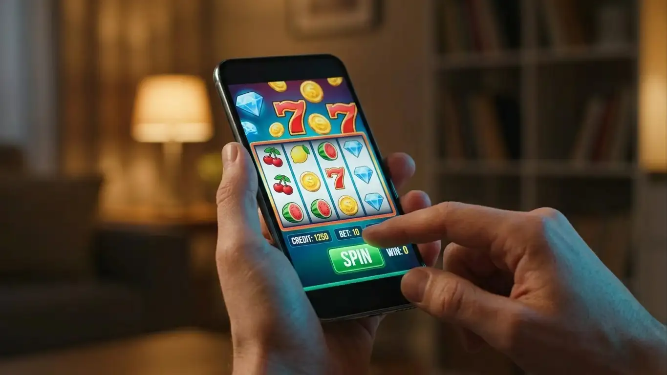 Hands holding smartphone showing pokie game with colorful reels