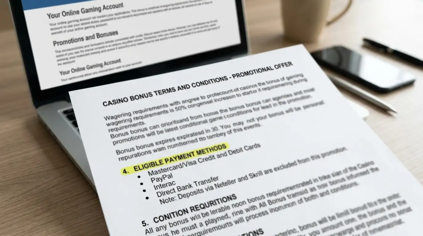 Casino bonus terms document with Neosurf payment method highlighted