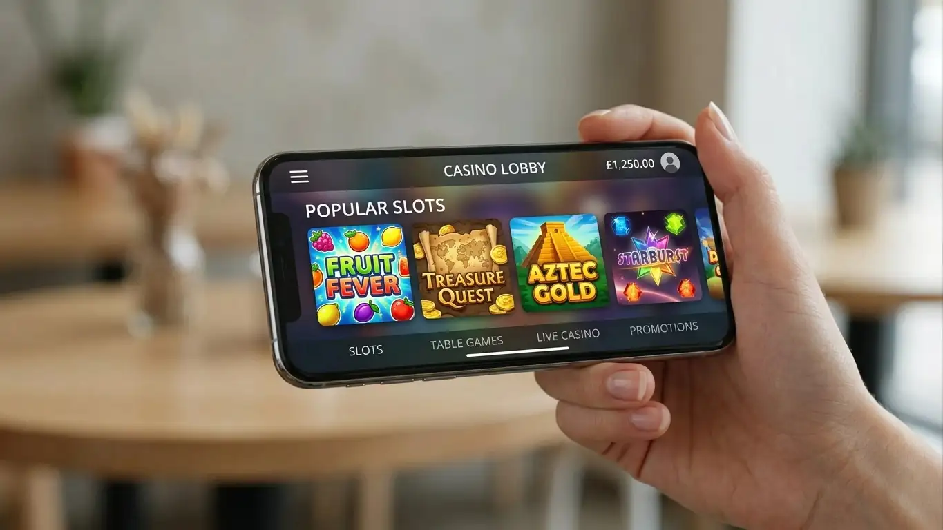 Mobile phone displaying casino pokies lobby with Neosurf payment icon