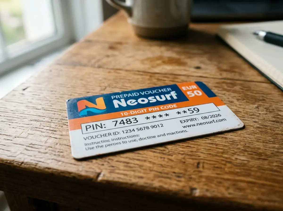 Close-up of Neosurf prepaid voucher showing 10-digit PIN code
