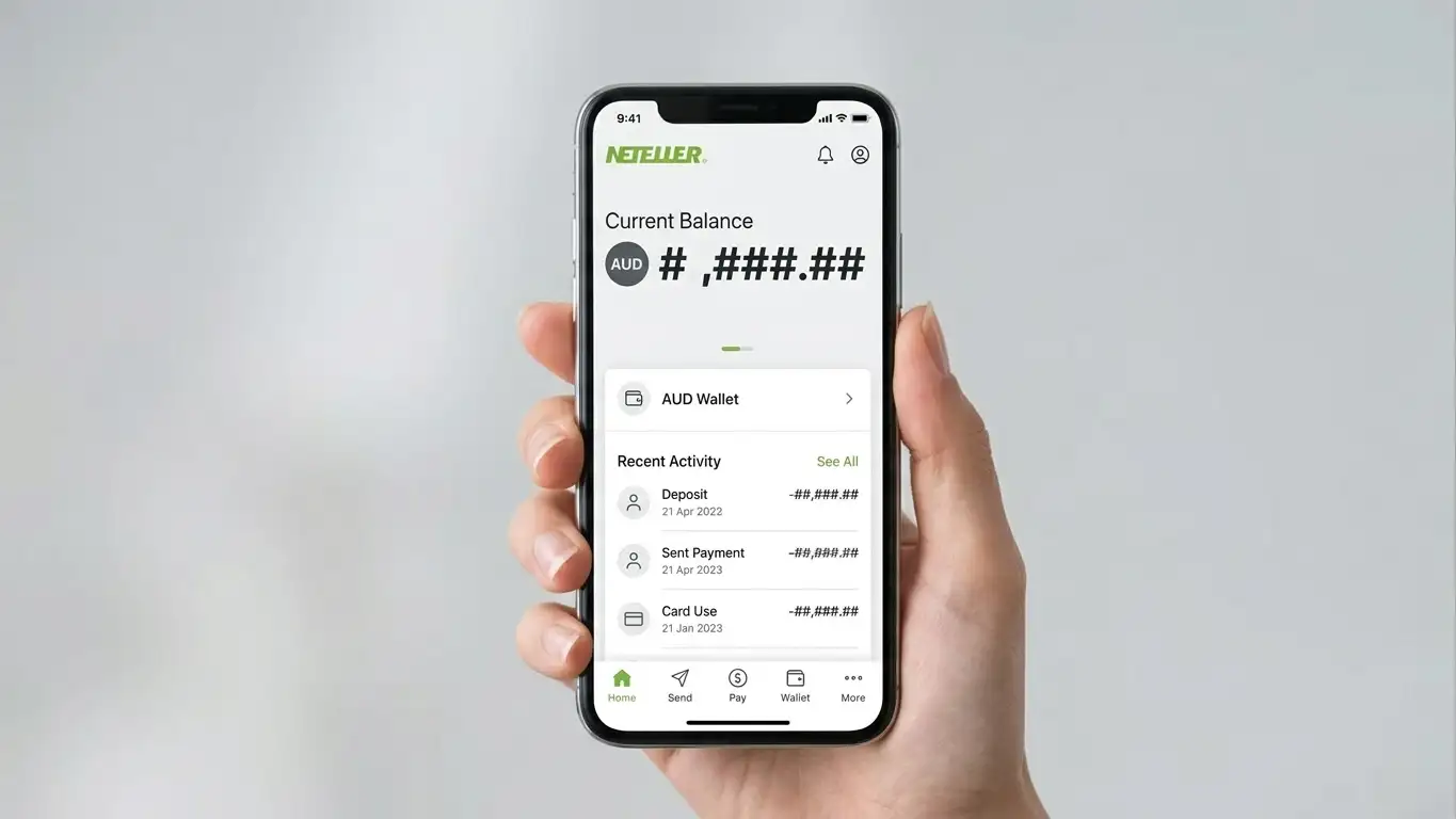 Neteller mobile app interface showing AUD wallet balance
