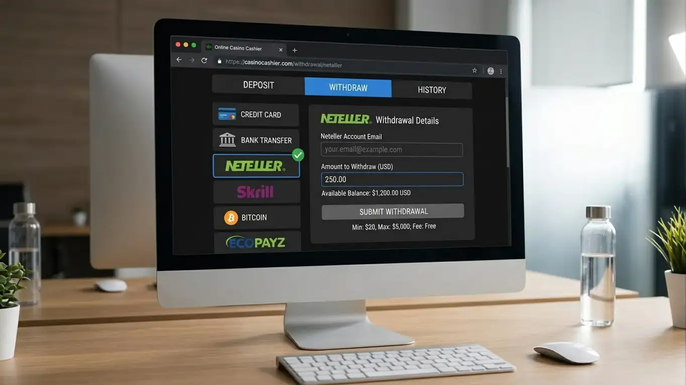Desktop screen showing casino cashier with Neteller selected and withdrawal pending