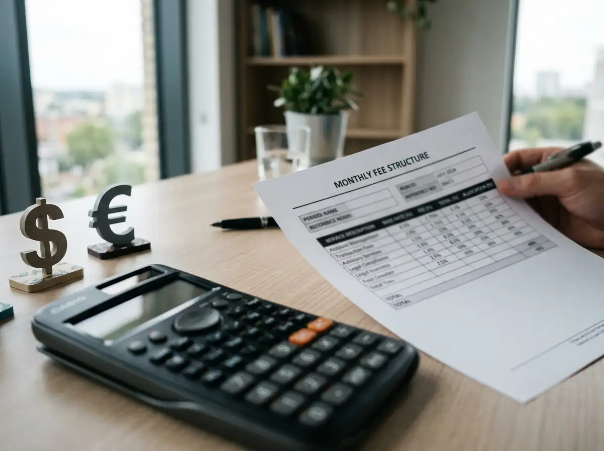 Calculator with currency symbols and fee breakdown document