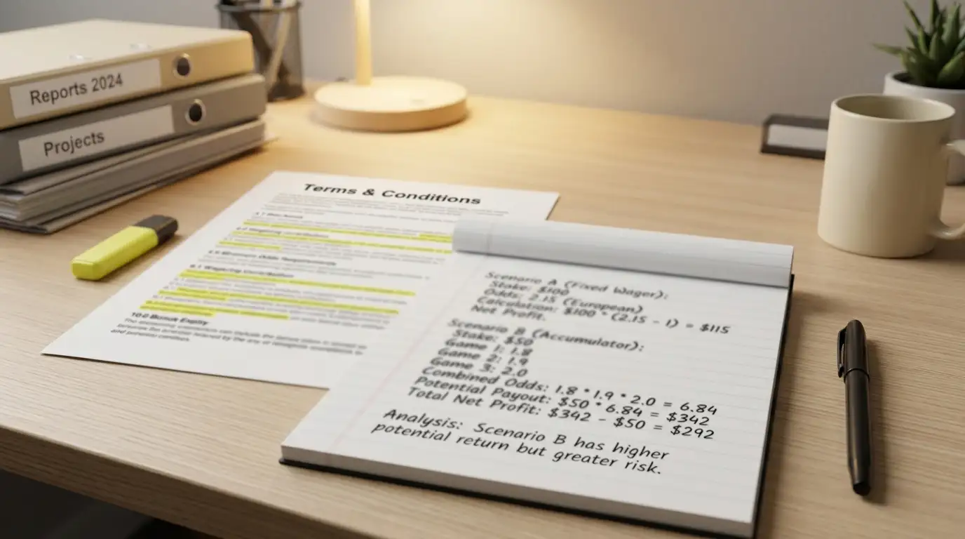Desk with notepad showing wagering requirement mathematics and casino terms document