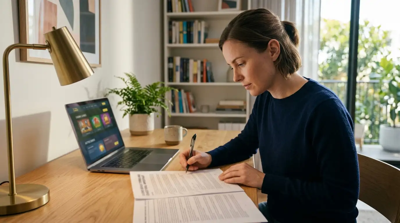 Person reviewing casino bonus terms document at desk with laptop showing wagering requirements