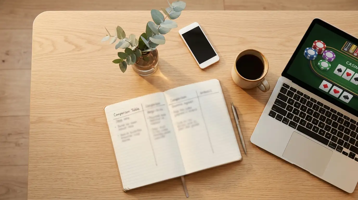 Desk with laptop showing casino comparison and notebook with handwritten notes