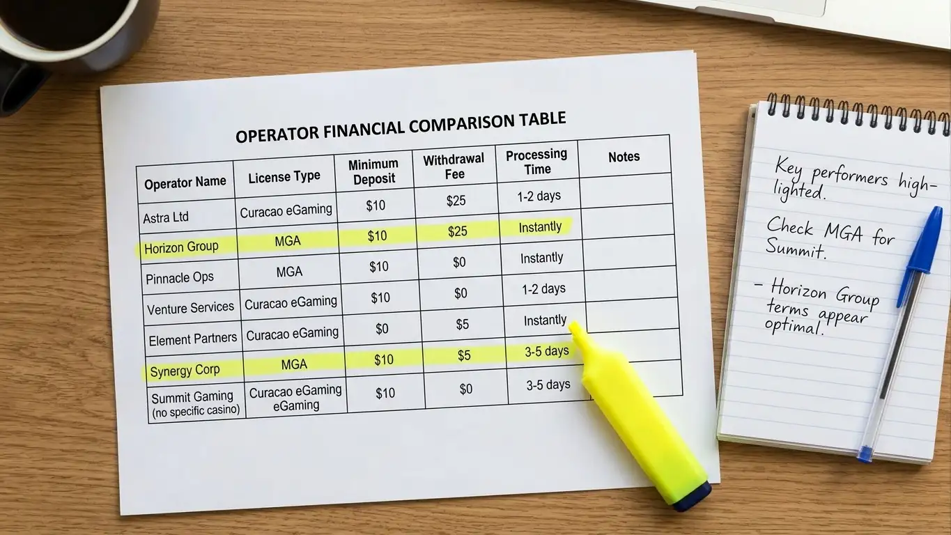 Comparison table document showing offshore casino operators with deposit and withdrawal figures highlighted