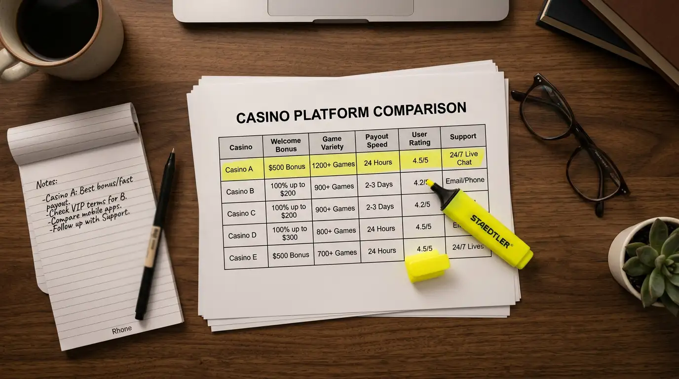 Comparison table of offshore casino operators showing licenses and withdrawal speeds