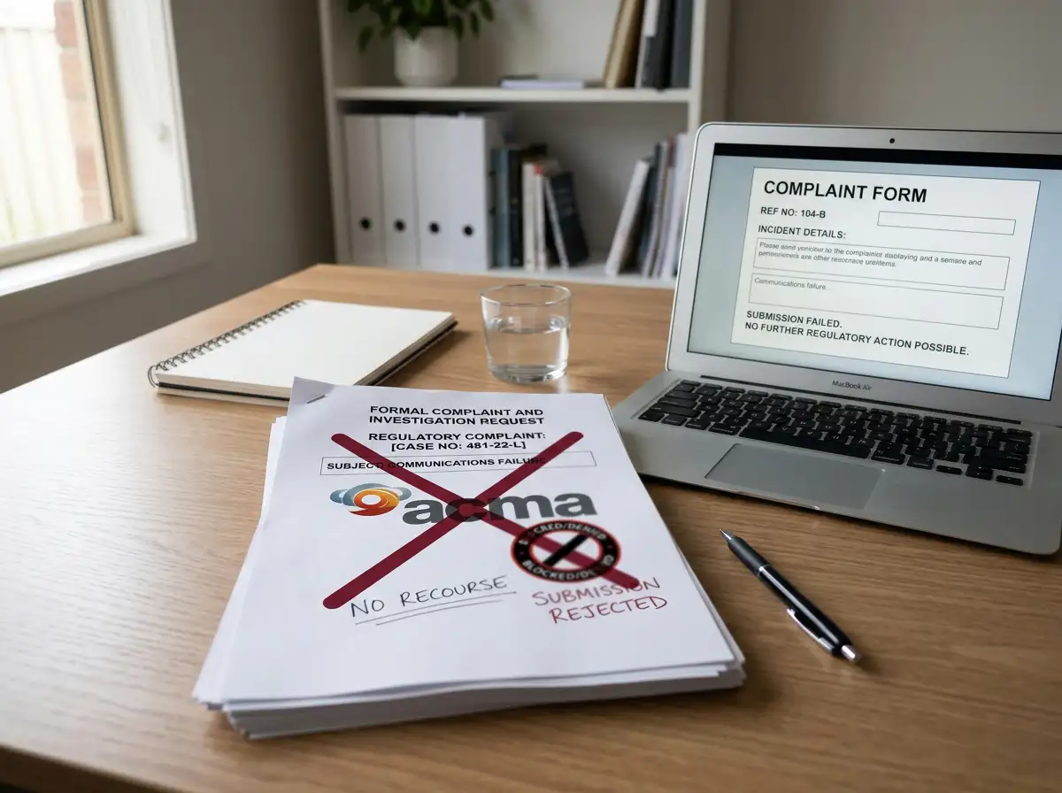 Empty desk with legal complaint documents and crossed-out ACMA logo symbolizing lack of recourse