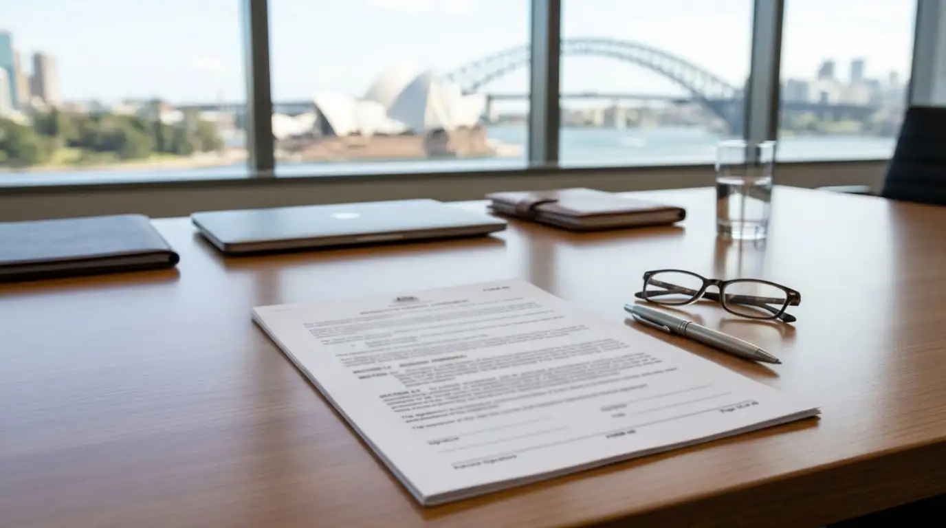 Legal document on desk with Australian landmark visible through window