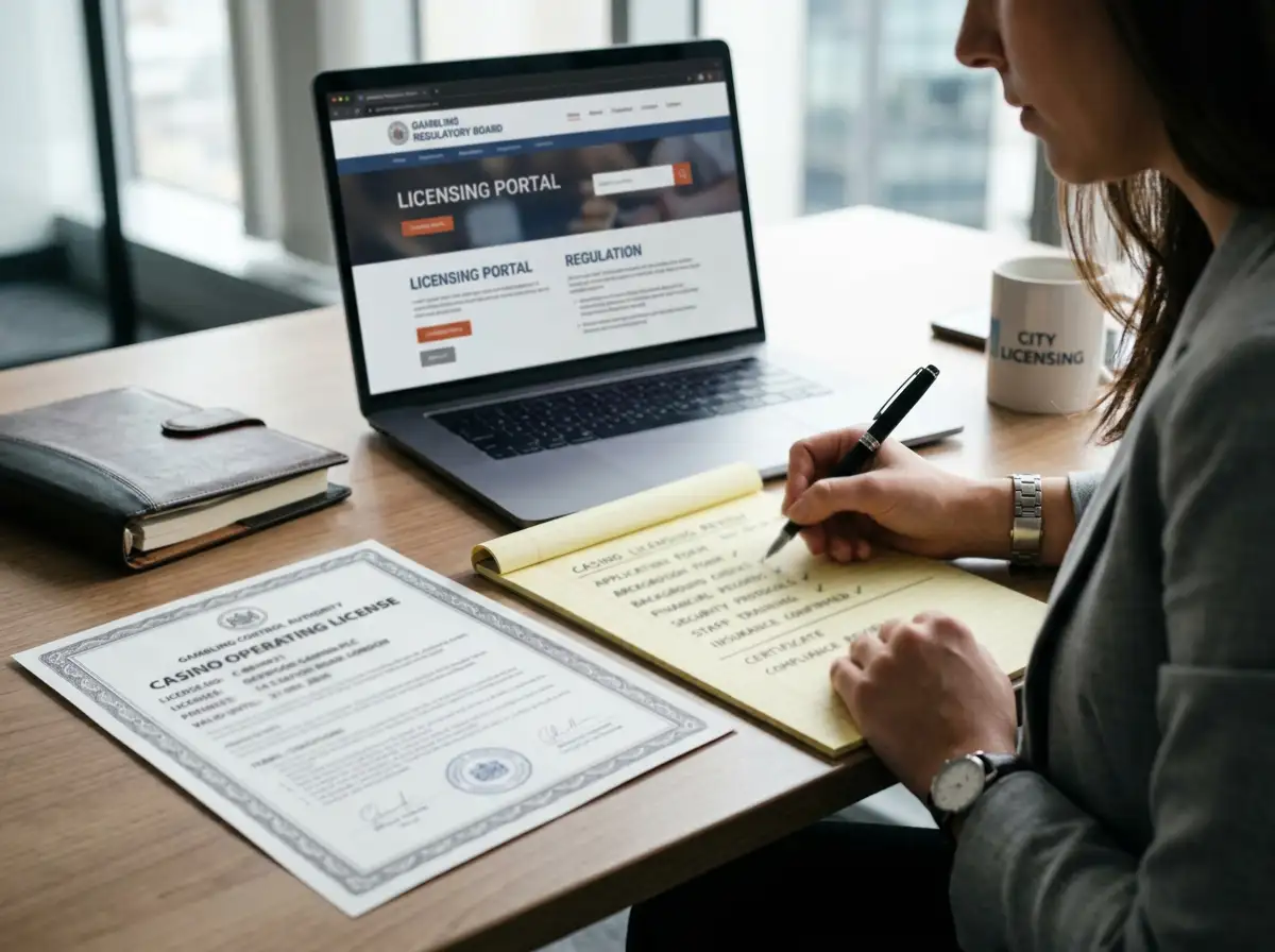 Person reviewing casino licence certificate and reputation checklist on laptop screen