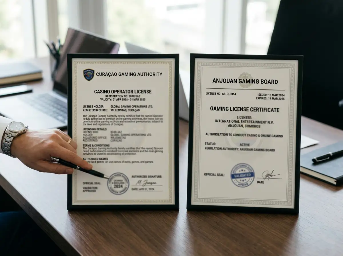 Casino licence certificates from Curaçao and Anjouan showing validation seals